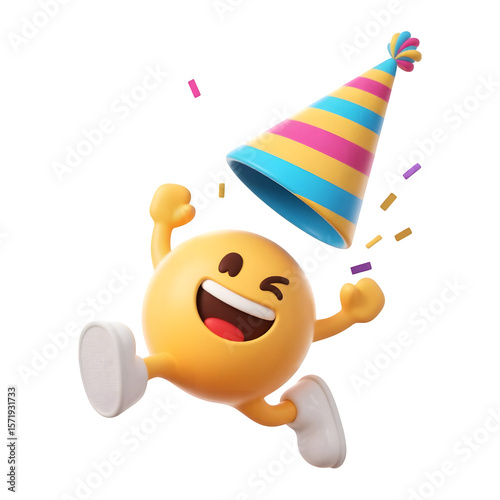 Joyful emoji character wearing a party hat and jumping with confetti isolated on transparent background