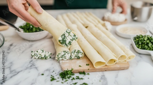 A chef prepares cannelloni pasta filled with spinach and ricotta cheese on a marble table