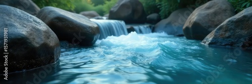 Serene blue water gently flows over smooth stones, creating a calming and tranquil scene perfect for relaxation Ideal for spa, wellness, and meditation themes , therapy, nature, stream