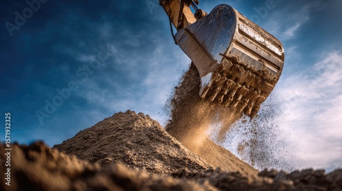 Excavator claw fully extended above dirt pile, shot with blue sky backdrop