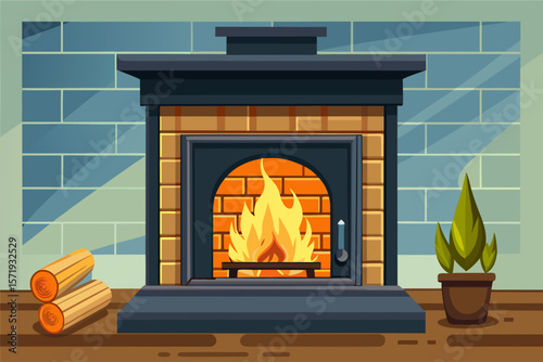 vector of Black fireplace with burning wood in the fireplace. Light background
