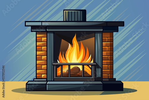 vector of Black fireplace with burning wood in the fireplace. Light background
