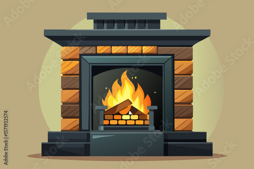 vector of Black fireplace with burning wood in the fireplace. Light background