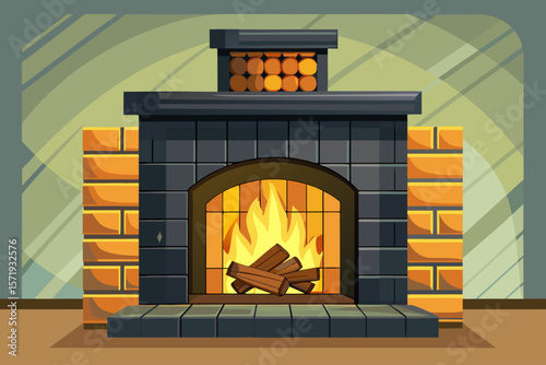 vector of Black fireplace with burning wood in the fireplace. Light background