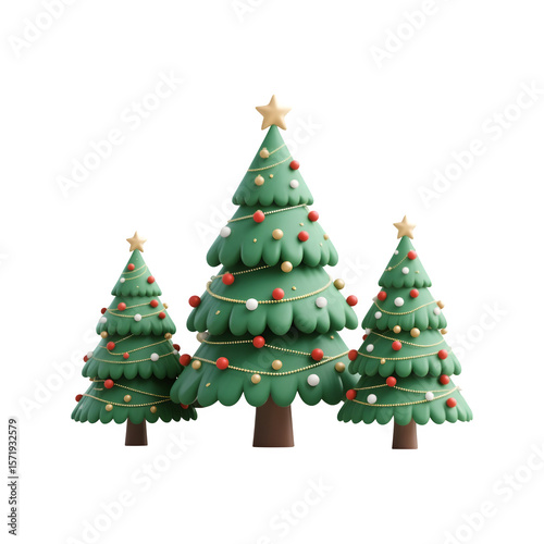 Three festive cartoon christmas trees decorated with ornaments and garlands isolated on transparent background
