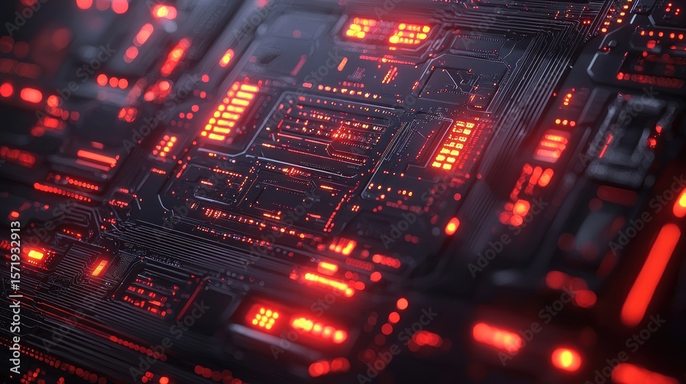 Obraz premium High-tech circuit board with glowing red lights