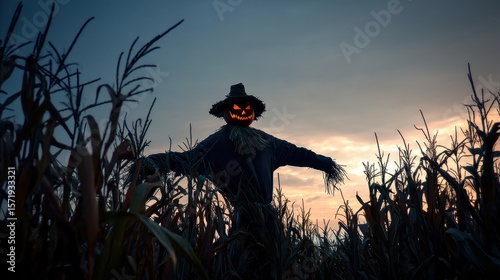 Spooky Scarecrow Silhouette in Dusk Cornfield
