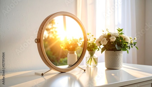 Round mirror, sunlight, flowers, vanity