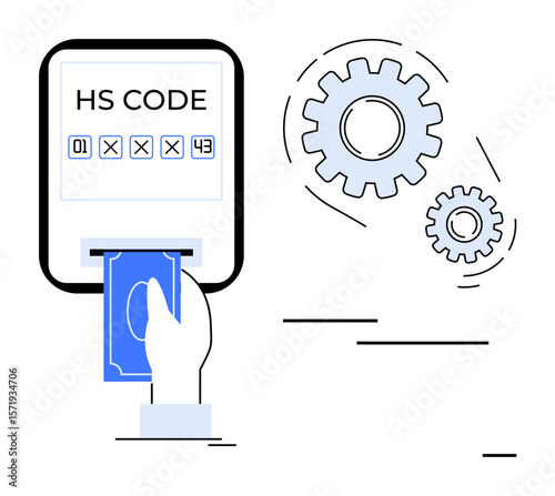 Hand inserting paper money into device displaying HS code and gears illustrating process automation. Ideal for trade compliance, customs, global business, taxation, economy, efficiency, simplified