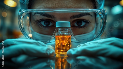 Lab Worker with Safety Glasses Holding Vial of Liquid