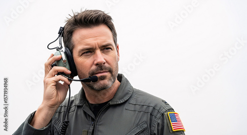 Man in flight suit with headset and american flag patch looking off to the side on a white background