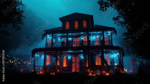 Eerie Haunted House Glowing Windows & Spooky Night