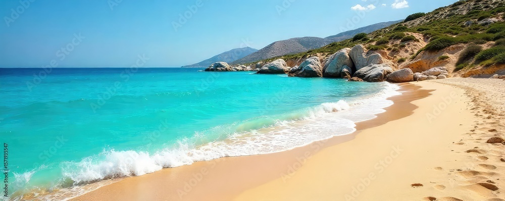 Fototapeta premium Sun-drenched golden sand meets crystal-clear turquoise water on a secluded Greek beach Perfect for relaxation and escape, this idyllic scene evokes the beauty of the Aegean Sea , sea, Mediterranean