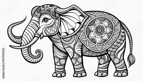 Intricate black and white mandala pattern elephant illustration