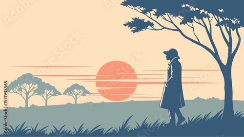Lone figure in a trench coat walks through a grassy field at sunset