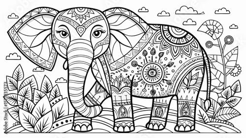 Intricate black and white mandala elephant illustration with decorative patterns and foliage