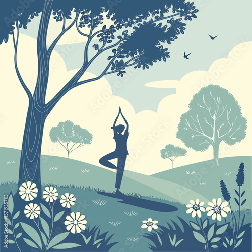 Woman practicing yoga tree pose in a serene park with flowers and trees