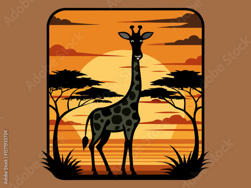 Stylized illustration of a giraffe in the african savanna at sunset