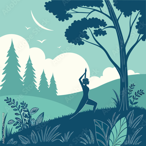 Woman practicing yoga in a serene natural landscape under a crescent moon