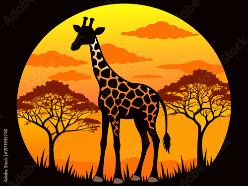 Silhouette of a giraffe standing in the african savanna at sunset with acacia trees