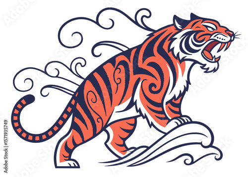 Stylized fierce tiger roaring with swirling decorative elements