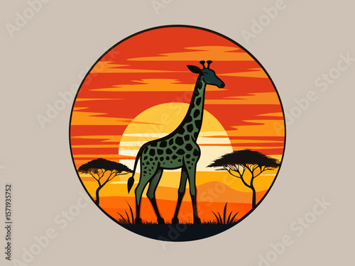 Stylized illustration of a giraffe standing in the african savanna at sunset