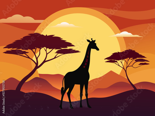 Silhouette of a giraffe standing in the african savanna at sunset with acacia trees