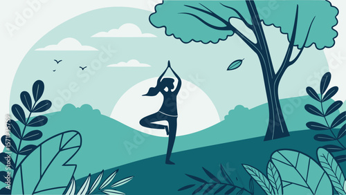 Silhouette of a woman performing yoga tree pose in a serene natural landscape