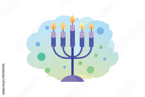 Watercolor Hanukkah Candles In A Row With Dreamy Sky