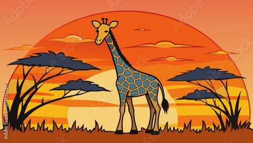 Stylized illustration of a giraffe standing in an african savanna at sunset