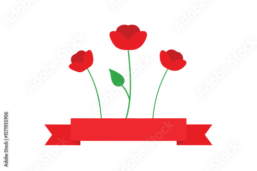 Red Poppies With A Narrow Banner Below Flowers On White