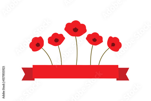 Red Poppies With A Narrow Banner Below Flowers On White