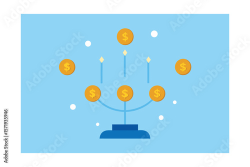 Realistic Coins Gelt Raining From Top Menorah