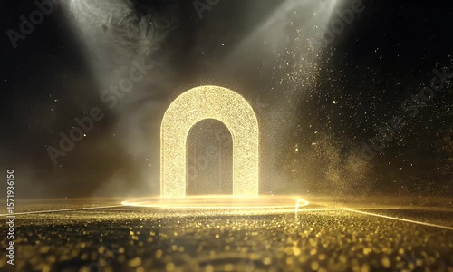 Glowing Golden Archway with Particles and Light Beams