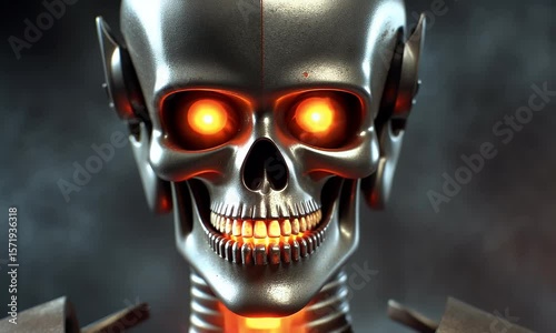 Glowing Metal Robot Skull Close Up