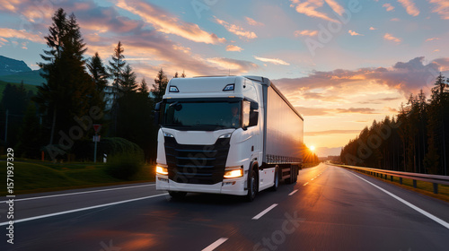 A large white semi truck is driving down a road at sunset