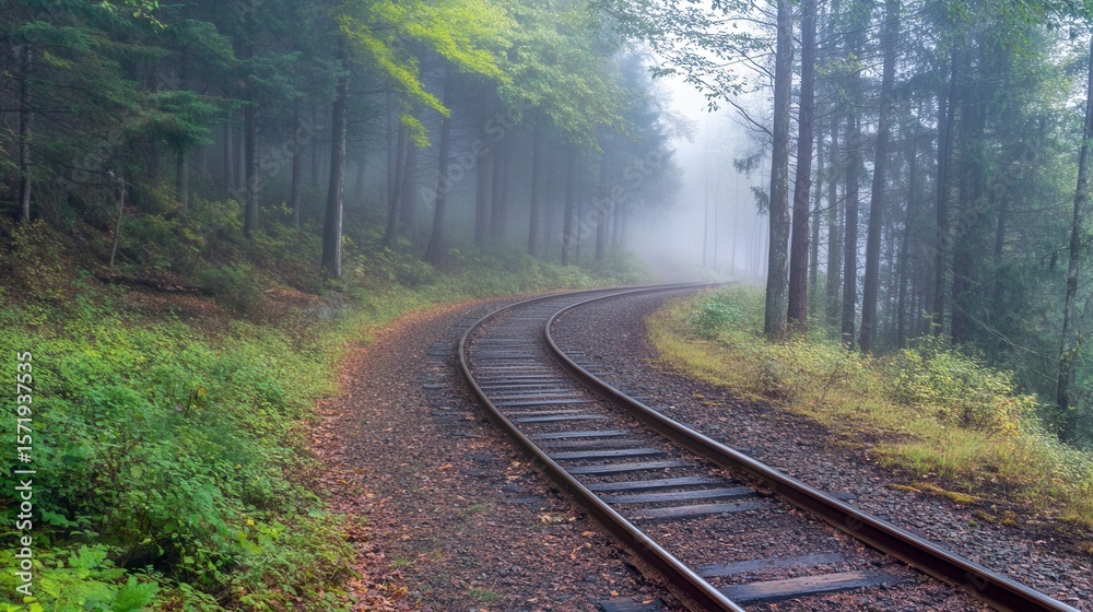 Fototapeta premium Railroad tracks curve through a misty forest landscape