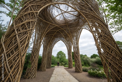 Beautiful Home Exterior Serene Willow Walkway: A Stunning Woven Archway in a Lush Garden Setting