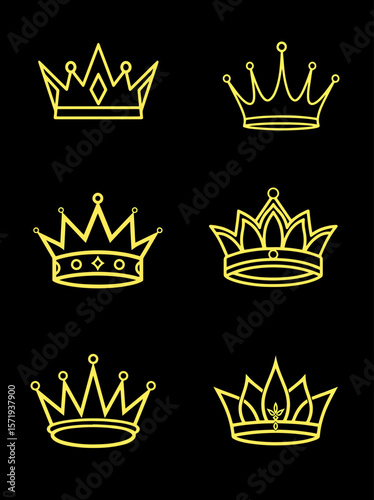 Vector Illustrations. Collection of Six Elegant GoldOutlined Crowns. EPS Editable
