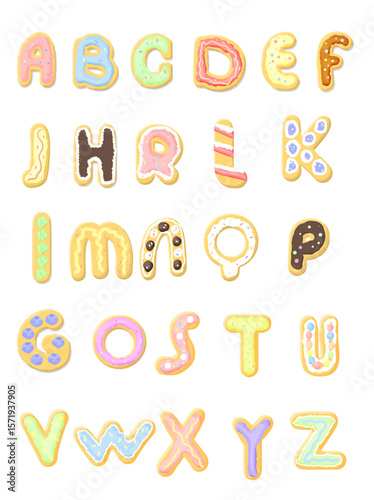 Vector Illustrations. Colorful Alphabet Cookies with Icing and Sprinkles A to Z. EPS Editable