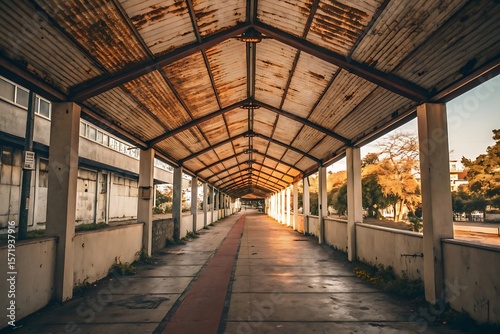 Beautiful Home Exterior Rusty Covered Walkway Leading to Sunlit Path, Abandoned Industrial Area, Autumn Colors