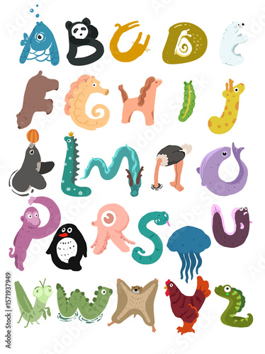 Vector Illustrations. Colorful Animal Alphabet Illustration Playful and Educational Design for Children. EPS Editable