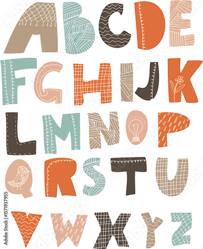 Vector Illustrations. Colorful Decorative Alphabet Letters with Unique Patterns. EPS Editable