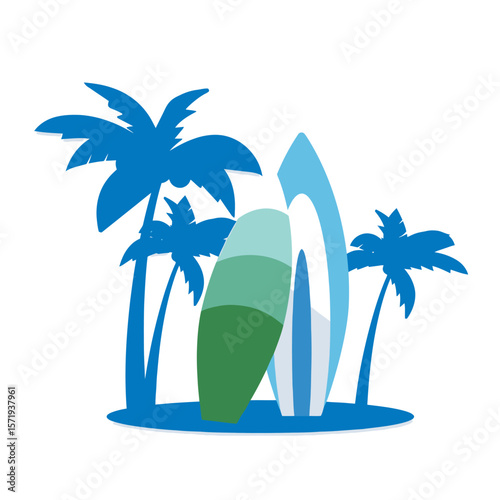 Vector Illustrations. Colorful Surfboards and Palm Trees Summer Vacation Logo Design. EPS Editable