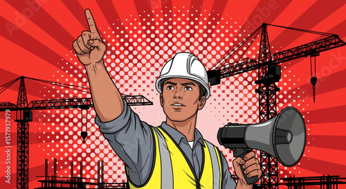 Vector Illustrations. Construction Worker in Hard Hat Yellow Vest Announcing with Megaphone Pointing Upward. EPS Editable