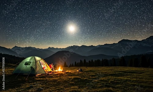 Nighttime camping under a starry sky