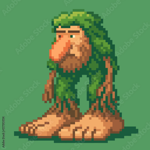 Vector Illustrations. Anomali Italian Brainrot Brrrr Patapim Pixel Art Caveman Figure Green Hair Large Nose Barefoot. EPS Editable