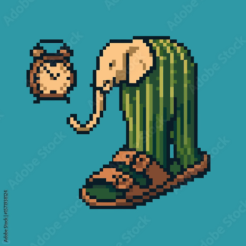 Vector Illustrations. Anomali Italian Brainrot Lirili Larila Pixelated Elephant on Slipper with Alarm Clock Retro Style. EPS Editable