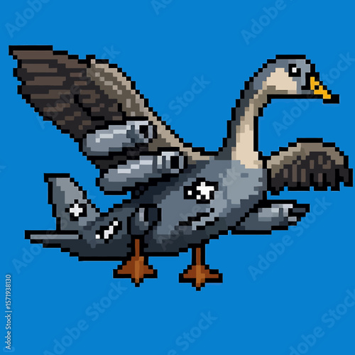 Vector Illustrations. Anomali Italian Brainrot Bombombini Gusini Pixelated Goose with Warplane Wings in Flight. EPS Editable