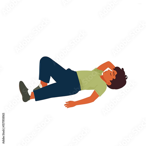 Vector Illustrations. Relaxed Man Lying Down Wearing Green Shirt and Blue Pants. EPS Editable